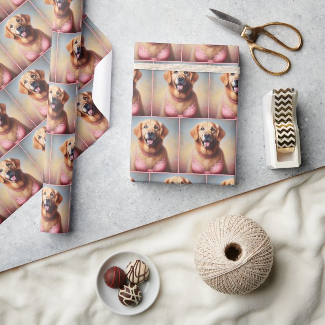 Goldener Retriever mit rosa BH Geschenkpapier (Kunsthandwerk)