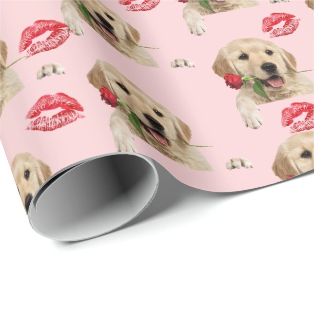 Goldener Retriever mit Rose und Küssen Geschenkpapier (Rolleneckpunkt)
