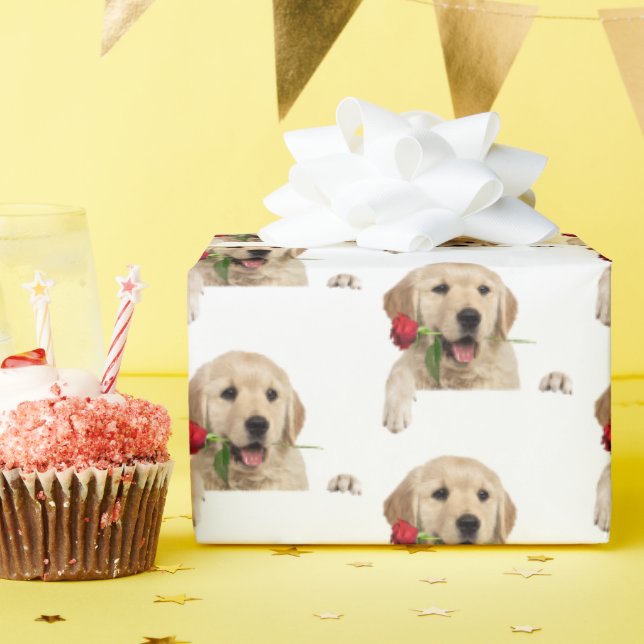 Goldener Retriever mit rote Rose Geschenkpapier (Geburtstagsparty)