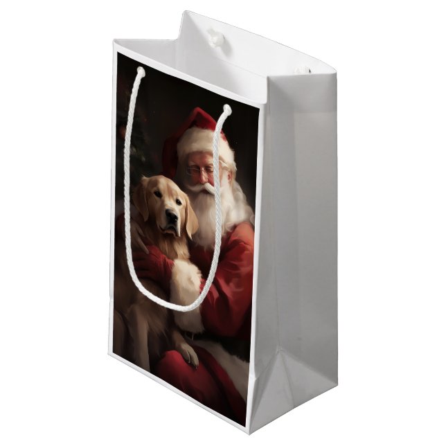 Goldener Retriever mit Weihnachten Kleine Geschenktüte (Vorderseite Schrägansicht)
