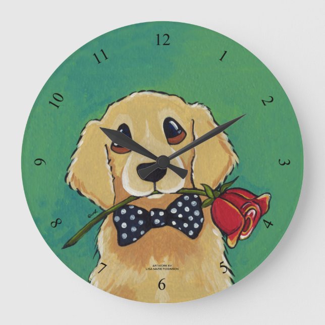 Goldener Retriever u. Rosen-Wand-Uhr Große Wanduhr (Vorderseite)