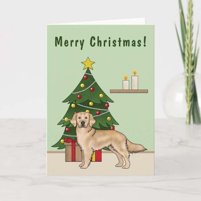 Goldener Retriever und festlicher Weihnachtsbaum Karte (Vorderseite)