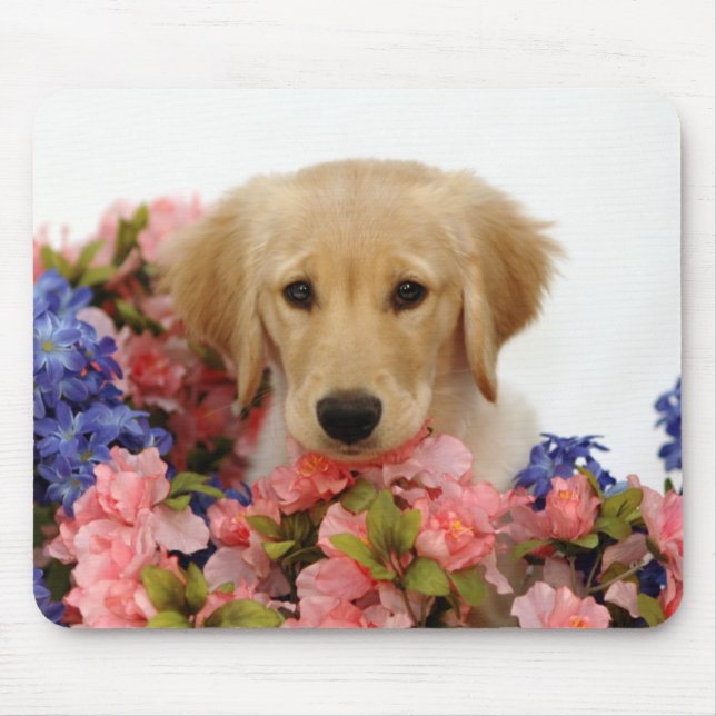 Goldener Retriever-Welpe und Blumen Mousepad (Vorne)