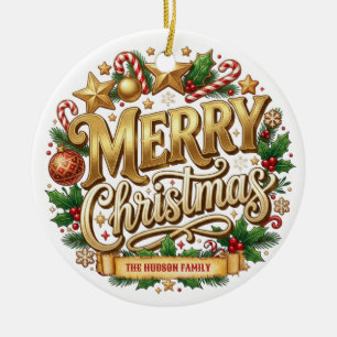 Goldener Retro Fröhliche Weihnachten Familienname Keramik Ornament