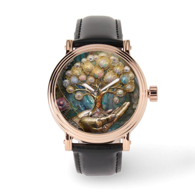 Goldener Roboter-Handholz Gold Tree of Life Armbanduhr (Vorderseite)