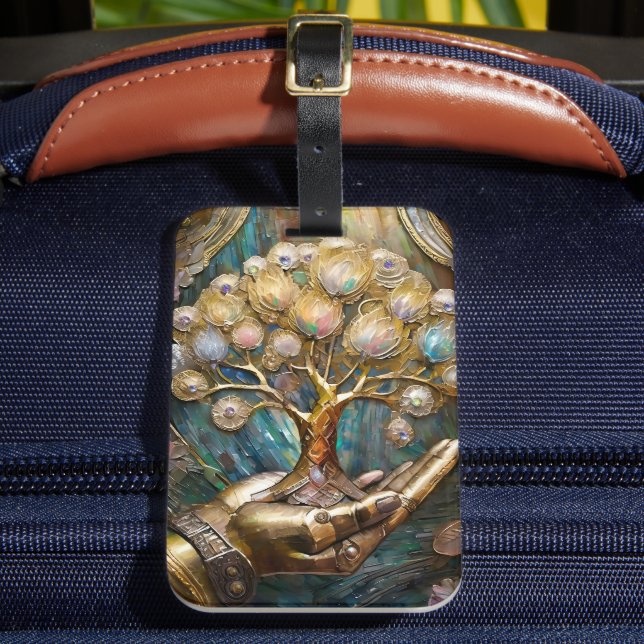 Goldener Roboter-Handholz Gold Tree of Life Gepäckanhänger (Vorderseite Insitu 2)