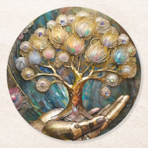 Goldener Roboter-Handholz Gold Tree of Life Runder Pappuntersetzer