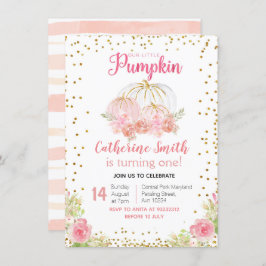 Goldener Rosa Floral Gold Pumpkin 1. Geburtstag Einladung
