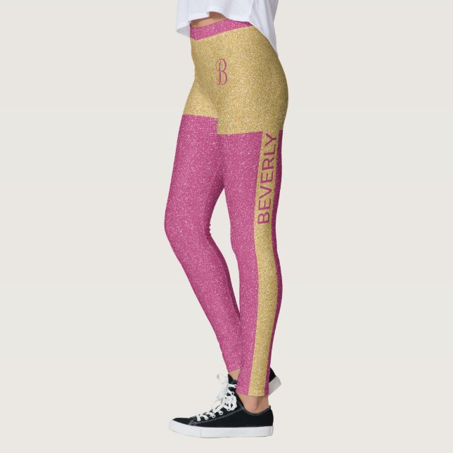 Goldener Rosa Glitzer Gänzlicher Text und Monogram Leggings (Links)