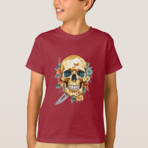 Goldener Schädel mit Messer und Blume T-Shirt