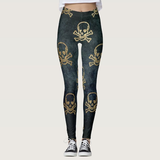 Goldener Schädel und Kreuzknochen Halloween-Muster Leggings (Vorderseite)