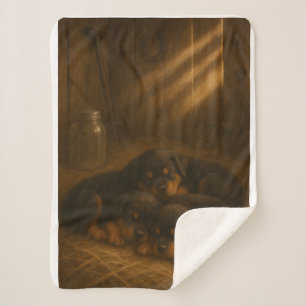 Goldener Schlummer: Rottweiler-Welpen im Stallhund Sherpadecke