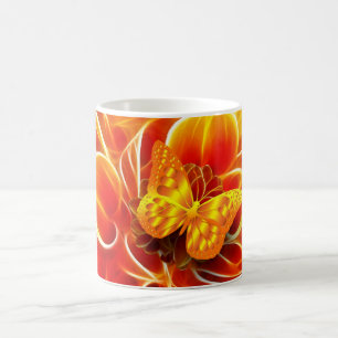 Goldener Schmetterling auf feurigem abstraktem Hin Kaffeetasse