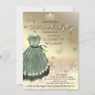 Goldener Schmetterling Grünes Kleid Quinceañera Einladung