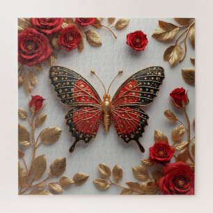 Goldener Schmetterling mit roten Rosen und goldene Puzzle