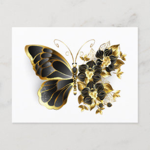 Goldener Schmetterling mit schwarzem Orchid Ankündigungspostkarte