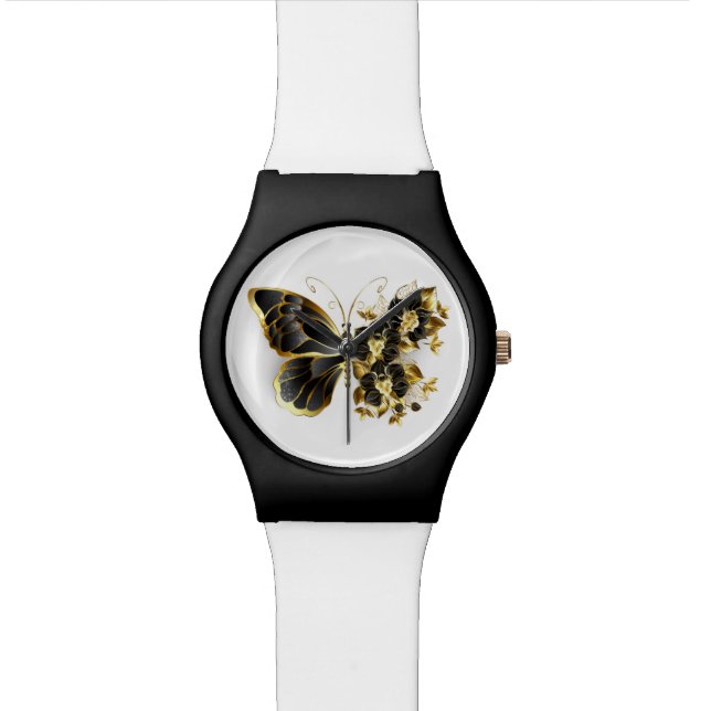 Goldener Schmetterling mit schwarzem Orchid Armbanduhr (Nahaufnahme)