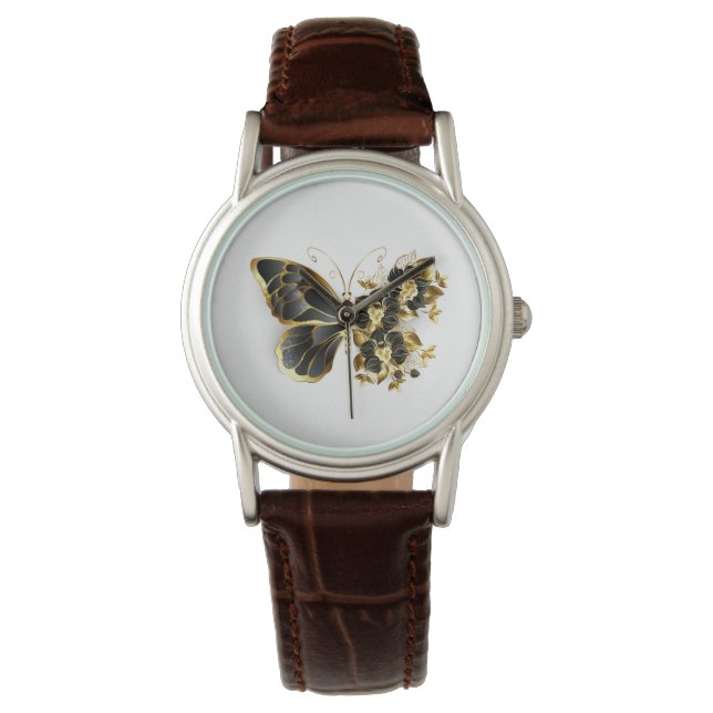 Goldener Schmetterling mit schwarzem Orchid Armbanduhr (Vorderseite)