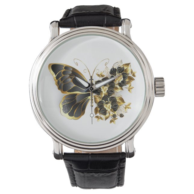 Goldener Schmetterling mit schwarzem Orchid Armbanduhr (Vorderseite)