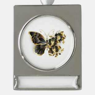 Goldener Schmetterling mit schwarzem Orchid Banner-Ornament Silber