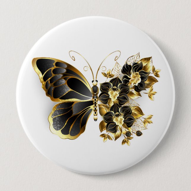 Goldener Schmetterling mit schwarzem Orchid Button (Vorderseite)