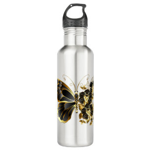 Goldener Schmetterling mit schwarzem Orchid Edelstahlflasche