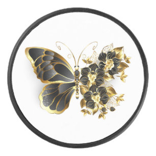 Goldener Schmetterling mit schwarzem Orchid Eishockey Puck