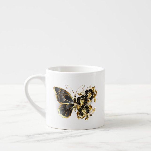 Goldener Schmetterling mit schwarzem Orchid Espressotasse (Links)