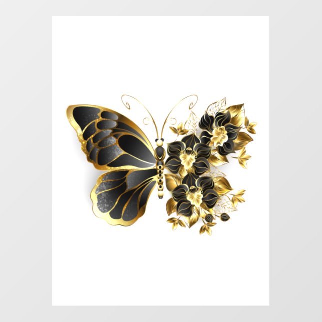 Goldener Schmetterling mit schwarzem Orchid Fensteraufkleber (Blatt)