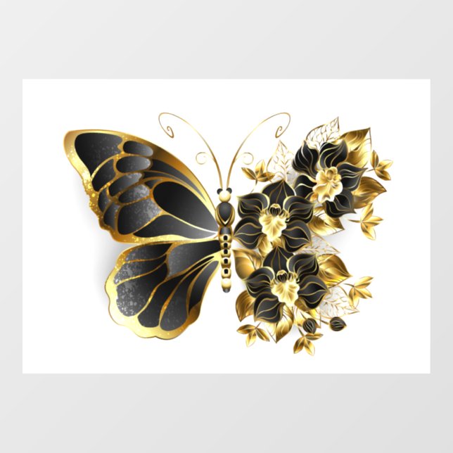 Goldener Schmetterling mit schwarzem Orchid Fensteraufkleber (Blatt)