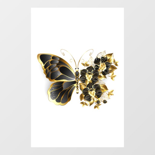 Goldener Schmetterling mit schwarzem Orchid Fensteraufkleber (Blatt)