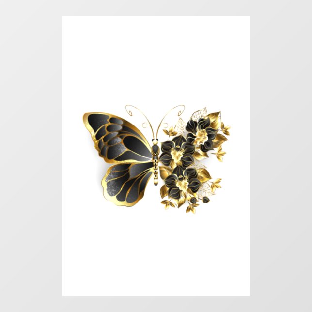Goldener Schmetterling mit schwarzem Orchid Fensteraufkleber (Blatt)