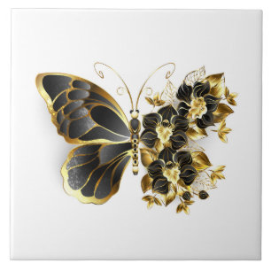 Goldener Schmetterling mit schwarzem Orchid Fliese