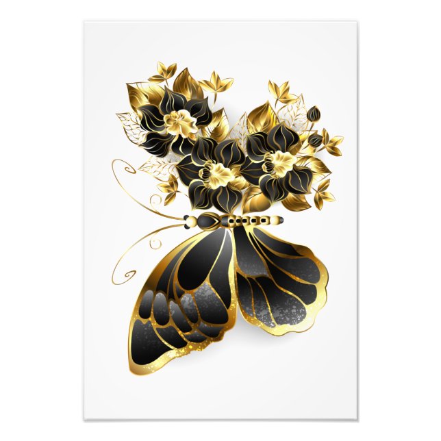 Goldener Schmetterling mit schwarzem Orchid Fotodruck (Vorne)