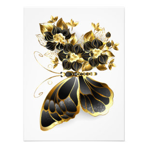 Goldener Schmetterling mit schwarzem Orchid Fotodruck
