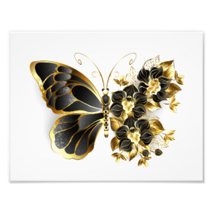 Goldener Schmetterling mit schwarzem Orchid Fotodruck