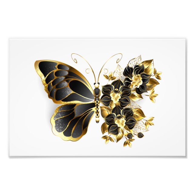 Goldener Schmetterling mit schwarzem Orchid Fotodruck (Vorne)