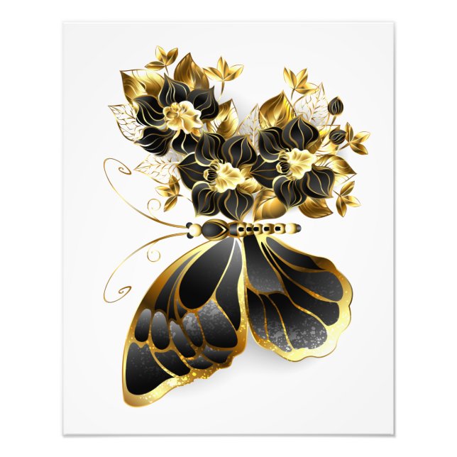 Goldener Schmetterling mit schwarzem Orchid Fotodruck (Vorne)