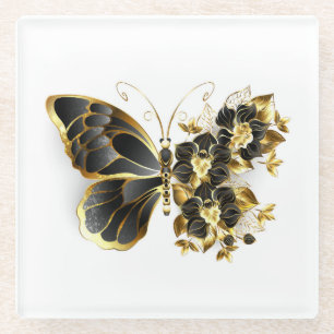 Goldener Schmetterling mit schwarzem Orchid Glasuntersetzer