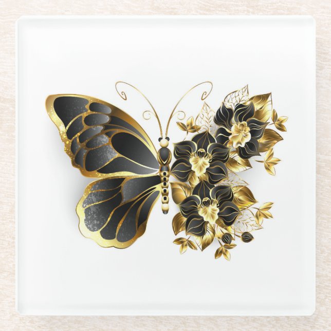 Goldener Schmetterling mit schwarzem Orchid Glasuntersetzer (Vorderseite)