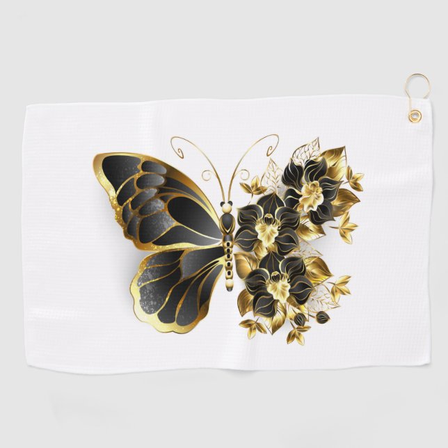 Goldener Schmetterling mit schwarzem Orchid Golfhandtuch (Horizontal)