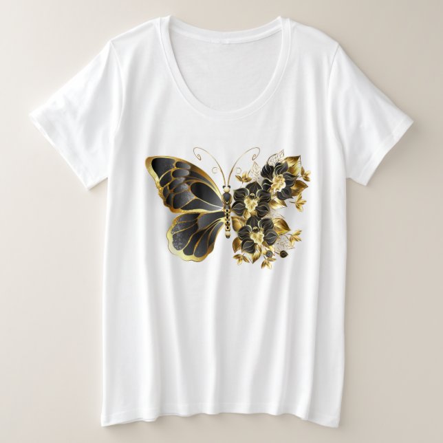 Goldener Schmetterling mit schwarzem Orchid Große Größe T-Shirt (Design vorne)