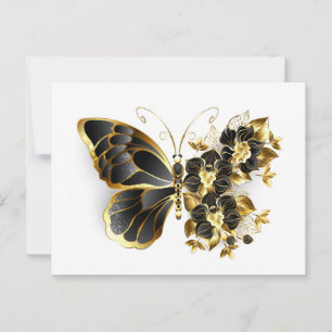 Goldener Schmetterling mit schwarzem Orchid Hinweiskarte
