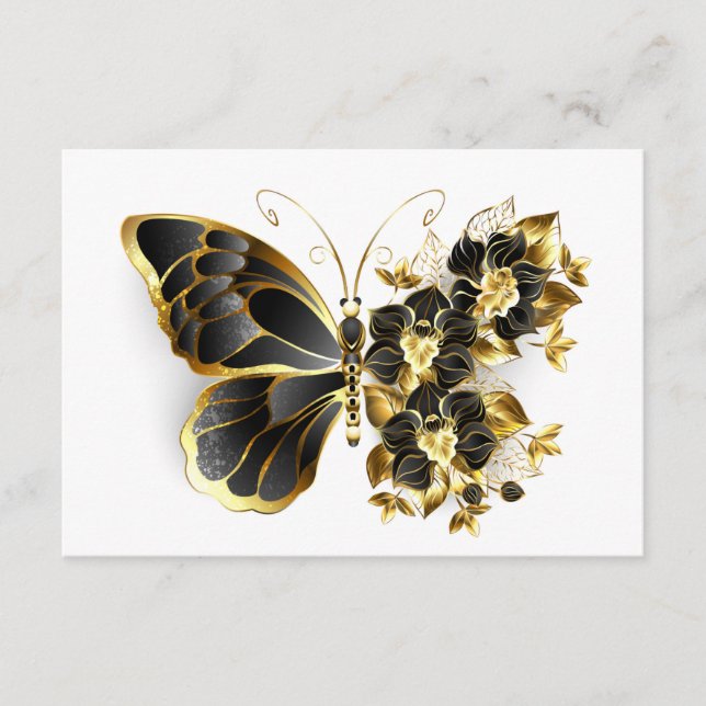 Goldener Schmetterling mit schwarzem Orchid Hinweiskarte (Vorderseite)