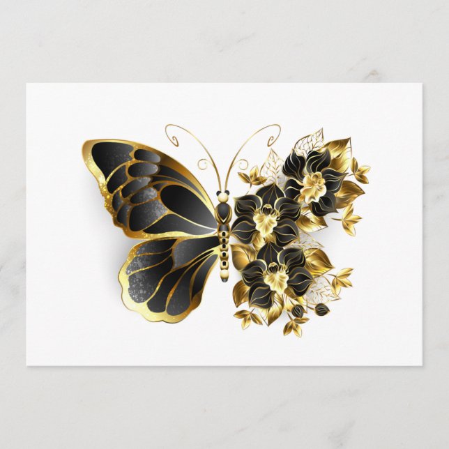 Goldener Schmetterling mit schwarzem Orchid Hinweiskarte (Vorderseite)
