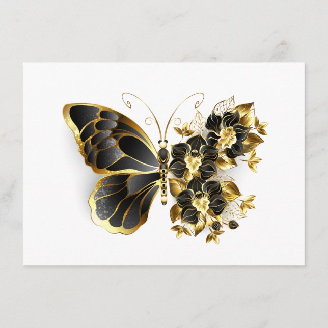 Goldener Schmetterling mit schwarzem Orchid Hinweiskarte (Vorderseite)