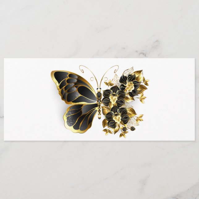 Goldener Schmetterling mit schwarzem Orchid Hinweiskarte (Vorderseite)