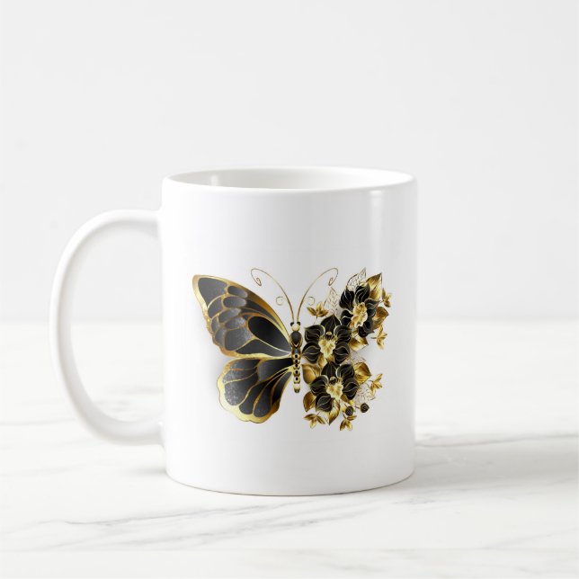 Goldener Schmetterling mit schwarzem Orchid Kaffeetasse (Links)