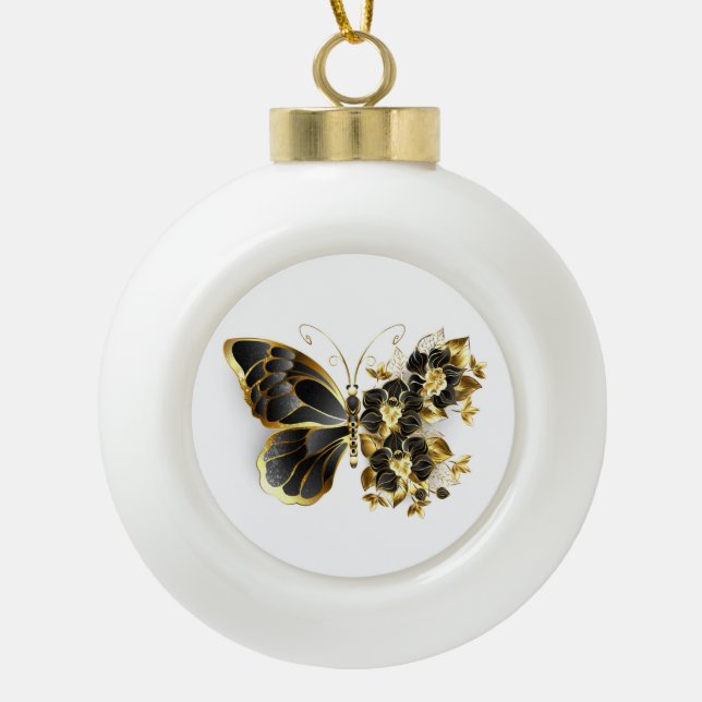 Goldener Schmetterling mit schwarzem Orchid Keramik Kugel-Ornament (Vorderseite)