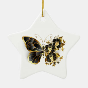 Goldener Schmetterling mit schwarzem Orchid Keramik Ornament